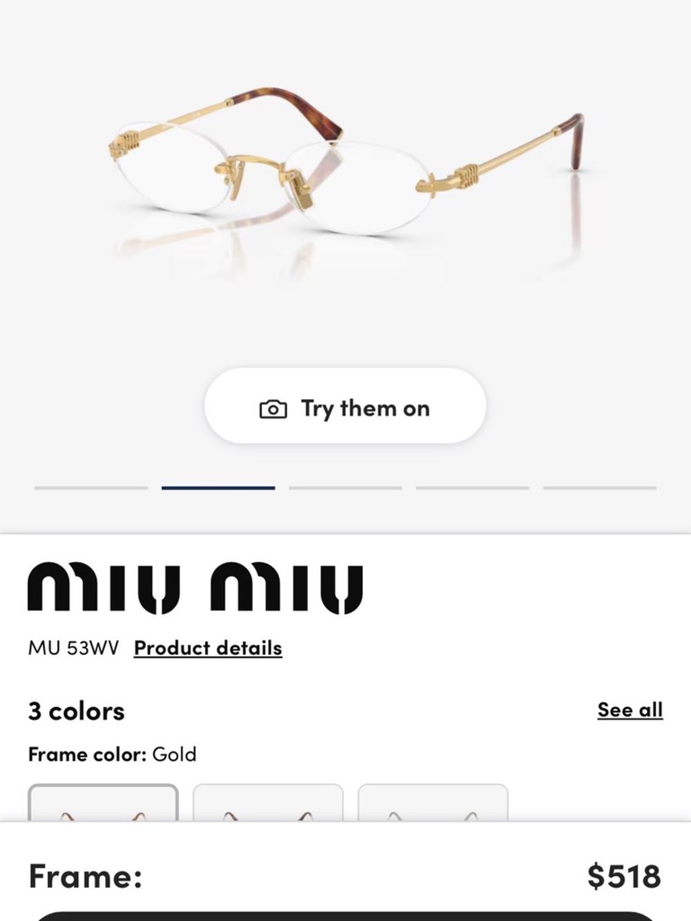 Miu Miu Gold Rimless Glasses with Tortoiseshell Temples